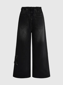 ROMWE Grunge Punk Punk Street Style Plus Size Women's Jeans, Star Patchwork Design Wide Leg Vintage Distressed Denim Pants - Black - View 2