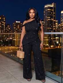 Poshavie Poshavie Plus Size Sparkly Asymmetric Off Shoulder 2 Pieces Set, Ruched Wrap Top & Wide Leg Pants Elegant Party Outfit - Black - View 1