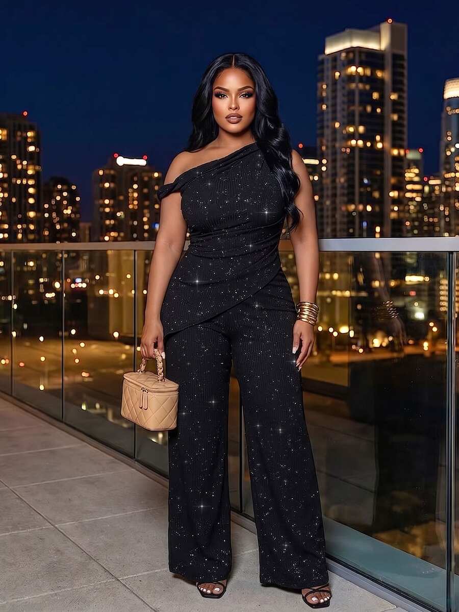 Poshavie Poshavie Plus Size Sparkly Asymmetric Off Shoulder 2 Pieces Set, Ruched Wrap Top & Wide Leg Pants Elegant Party Outfit - Black - View 1