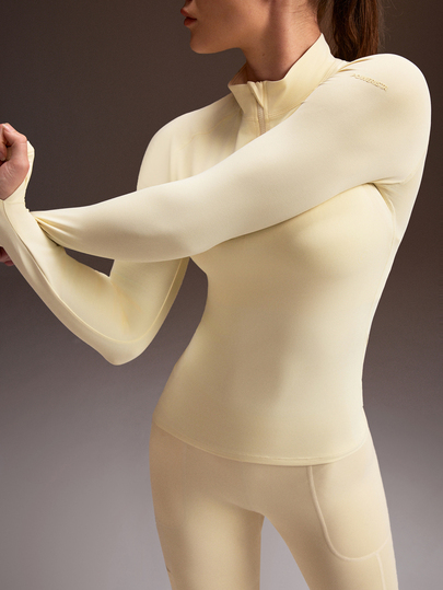 Powerista Women's Pale Yellow Stand Collar Long Sleeve Sports Sweatshirt