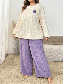 SHEIN CURVE+ Setelan Pakaian Santai Wanita Ukuran Besar yang Nyaman, Atasan Lengan Panjang dan Celana Longgar untuk Musim Gugur/Musim Dingin - Purple - View 6
