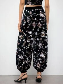 Maija 女款黑色天鵝絨燈籠褲，秋季假期都市風 - 黑色 - 查看 3