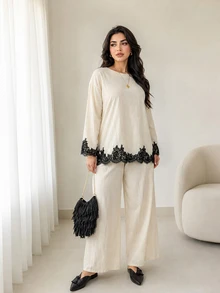 Solavon Plus Size Women's Lace Patchwork Long Sleeve Top And Pants Casual Daily 2 Pieces Set - Apricot - View 1