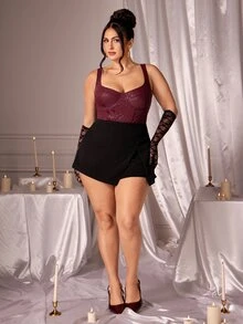 SHEIN BAE CURVE 大尺碼女款酒紅色緊身連身衣 - 酒紅色 - 查看 2
