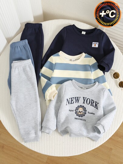 SHEIN 6pcs Set Baju Bayi Laki-laki Musim Gugur/Dingin Motif Huruf Rajut Lembut Lengan Panjang Kerah Bulat & Celana Panjang Pinggang Elastis, Setelan Dasar Sweatshirt & Celana Olahraga Multi-Potong, Set Bayi Lucu