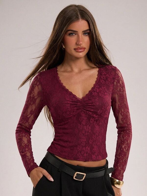 SHEIN BAE Autumn/Winter Solid Burgundy Deep V-Neck Long Sleeve Lace Elegant Blouse For Women