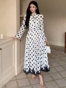 DAZY 女款優雅通勤波點印花蕾絲拼接洋裝 秋季 - 白色 - 查看 3