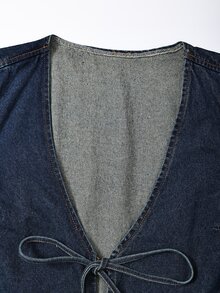 GlowEve CURVE Jaket Denim Kasual Ukuran Besar dengan Ikatan Depan, Musim Gugur - Medium Wash - View 5
