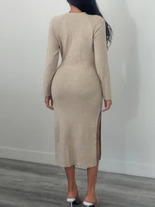 Elenzga Gaun Sweater Minimalis dengan Tali Pengikat dan Belahan Samping - Aprikot - View 2
