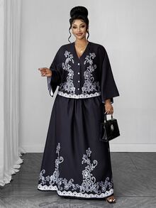 Maweii Setelan 2 Potong Atasan dan Rok Motif Bordir Bunga Leher V untuk Wanita Ukuran Besar (Musim Gugur) - Hitam - View 2
