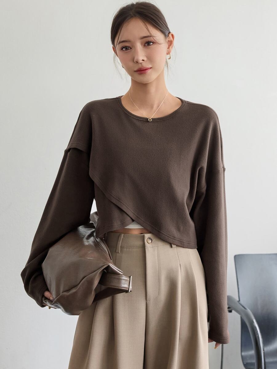 Dazy-Less Women's Solid Color Round Neck Casual Versatile Daily Wear T-Shirt - Coffee Brown - View 1