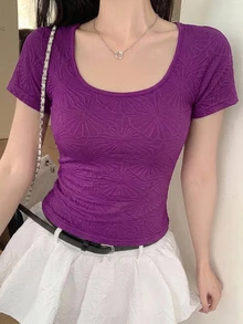 DAZY Women's Solid Color Textured Square Neck Short Sleeve Slim Fit T-Shirt - Violet Purple - View 6