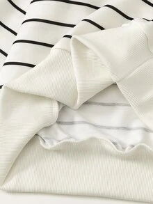 SHEIN Elladie kids 青少年女孩條紋寬鬆連帽衫與運動衫套裝，長袖短褲兩件組，黑白圓領寬鬆運動衫，校園秋季穿搭 - 黑與白 - 查看 8