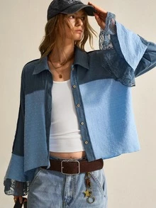 SHEIN Blus Kasual Longgar Lengan Lonceng Lebar Bertekstur Patchwork Kain Bergaris Gaya Bohemian untuk Wanita - MultiWarna - View 1