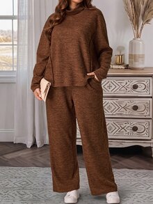 EMERY ROSE 2pcs Set Plus Size Women's Autumn/Winter Casual Country Vacation Brown T-Shirt And Pants 2 Pieces Set With Pockets,Fall, Loungewear,Modest Outfits - Brown - View 2