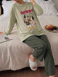 DAZY Pattern Letter Print Loose Long Sleeve T-Shirt & Plaid Long Pants Casual Home Daily Spring Autumn 2pcs Set For Pregnant Women - Green - View 3