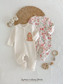 Cozy Pixies 新生兒男嬰女嬰植物花卉卡通兔子圖案針織柔軟圓領長袖連身衣與褲子2件套 - 彩色 - 查看 3