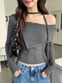 DAZY Kaos Wanita Warna Polos Kerah Asimetris Bergaris Potongan Slim Fit Tanpa Lengan Atasan Musim Gugur - Grey - View 5