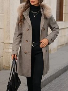 EMERY ROSE Women's Autumn/Winter Casual Elegant Plaid Vintage Collar Wool Blend Jacket Winter Jacket Brown Jacket - Coffee Brown - View 3