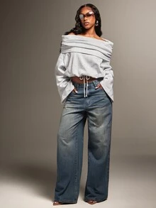 Denimoi Sweatshirt Multi Wear Off Shoulder High Neck Fashion Sweatshirt Lengan Panjang Nyaman Kasual Musim Gugur - Grey - View 2
