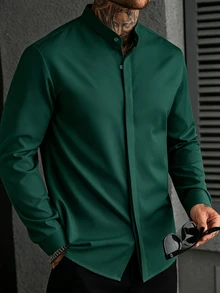 Manfinity Homme 男士長袖亨利領襯衫，專為正式商務場合設計，防皺西裝襯衫，適合休閒工作穿著 - 墨綠色 - 查看 7