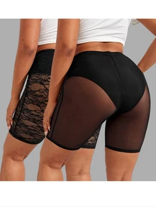 SHEIN SXY 黑色網紗蕾絲透視兩件式高腰短款緊身褲 - 黑色 - 查看 2