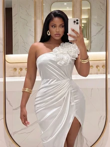 Slaydiva Plus Size Wedding Dress White Elegant One Shoulder Spaghetti Strap 3D Floral Ruched High Slit Dress - White - View 5