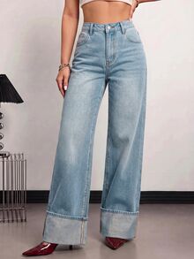 SHEIN PETITE 女款休閒水洗直筒牛仔褲 - 淺色水洗藍 - 查看 8