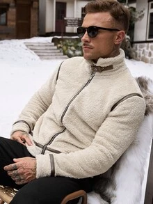 Manfinity CasualCool 男士翻領拉鍊仿羊羔毛短絨毛飛行員夾克 - 卡其色 - 查看 6