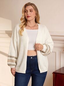EMERY ROSE Plus Size Colorblock Striped Long Sleeve Knit Cardigan - Apricot - View 4