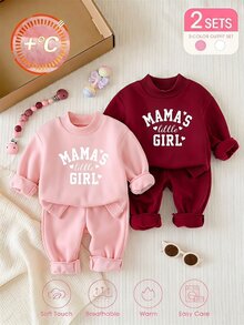 2件組幼兒女嬰可愛甜美粉色酒紅字母愛心羅紋長袖小高領運動衫慢跑褲休閒套裝，適合度假、秋冬、萬聖節 - 彩色 - 查看 1