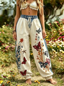 Selamara Women's Casual Vacation Floral Butterfly Print Sweatpants - Multicolor - View 5