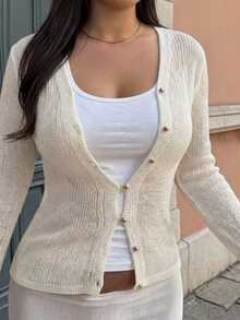 Livesso Solid Color Fitted Waist Long Sleeve V-Neck Casual Vacation Knit Cardigan - Apricot - View 1