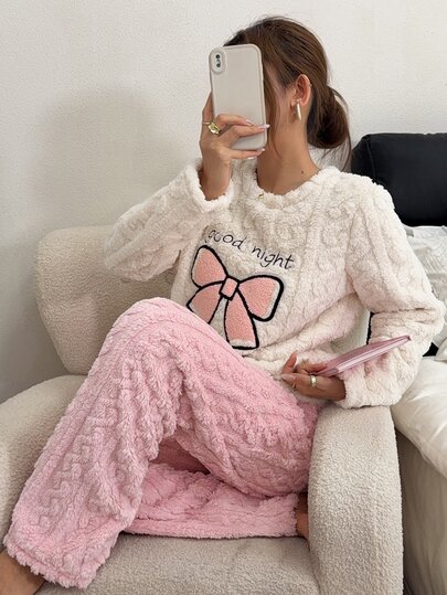 Napfluff طقم بيجامة نسائي مريح من القطيفة الناعمة بتصميم جاكار مع تطريز فيونكة، كاجوال وبسيط، بياقة دائرية وبلوزة بول أوفر