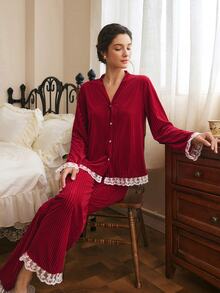 Côtesoire Women's French Elegant Velvet Contrast Color Lace Long Sleeve Pants Pajama Set - Burgundy - View 3