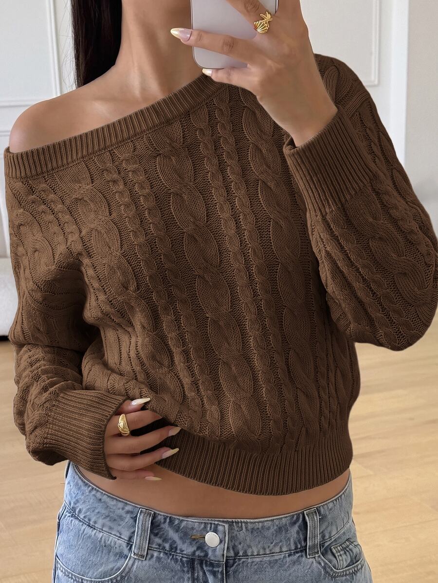 SHEIN كنزة صوفية مخططة كاجوال للفتيات المراهقات، بسيطة & عصرية، مناسبة للارتداء اليومي، الخريف، الشتاء - بني - مشاهدة 1