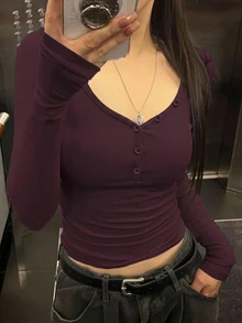 DAZY 女款素色鈕扣半開襟長袖休閒T恤 - 酒紅色 - 查看 1