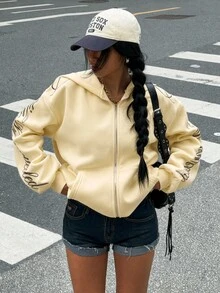 Muchica Women's Streetwear Embroidered Zip-Up Long Sleeve Sweatshirt - Pale Yellow - View 6