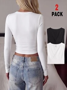 SHEIN EZwear Casual Sexy Minimalist Fall New 2 Pieces Set Women's V-Neck Long Sleeve Versatile Outfit, Best Friend Vintage Street Style, Night Out White Black - Multicolor - View 2