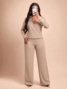 Brilight Ollared Wrap V Neck 2 Pieces Loungewear Set For Daily Brunch Vacation Casual Wear - Khaki - View 5