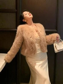 DAZY Pink Plush Faux Fur Jacket With Pearl Button Decor, Loose Short Long Sleeve Sweet Style - Khaki - View 7