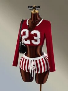 Amplova Women's Red & White Long T-Shirt & Fitted Shorts Sports Set - Red and White - View 3