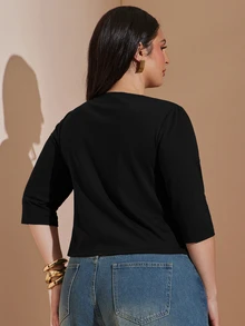 SHEIN BAE CURVE Plus Size Women's Solid Color Deep V-Neck Short Sleeve Fitted T-Shirt - Black - View 5