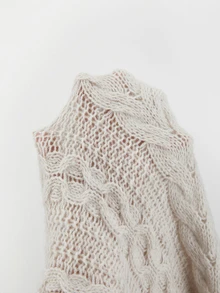 SHEIN This Off-White Turtleneck Poncho Features Intricate Cable Knit Stitching All Over. Loose Relaxed Cut - Apricot - View 6