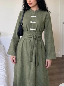 Solavon New Design Modern Chinese Style Frog Button Cinched Waist Slimming Elegant Daily Versatile Green Striped Dress - Army Green - View 5