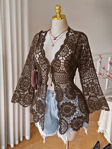 Comfortcana Plus Size Autumn Vintage Crochet Lace-Up Black Bell Sleeve Mid-Length Cardigan - Coffee Brown - View 7