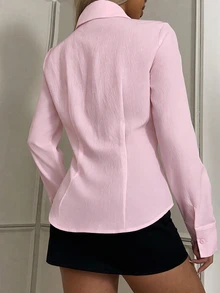 SHEIN EZwear 女款休閒收腰長袖鈕扣襯衫，適合秋冬穿著 - 粉色 - 查看 2