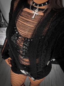SHEIN Whyspr Plus Size Distressed Hollow Out Cable Knit Long Sleeve Top, Y2K Ripped Sheer Fringe Sweater, Spring Summer See Through Loose Grunge Knit Cover Up Shir - Black - View 7