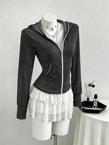 Elamini 女款粉色條紋長袖連帽蝴蝶結印花輕便外套，適合日常出遊、大學風、度假風 - 黑色 - 查看 6