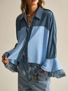 SHEIN Blus Kasual Longgar Lengan Lonceng Lebar Bertekstur Patchwork Kain Bergaris Gaya Bohemian untuk Wanita - MultiWarna - View 6